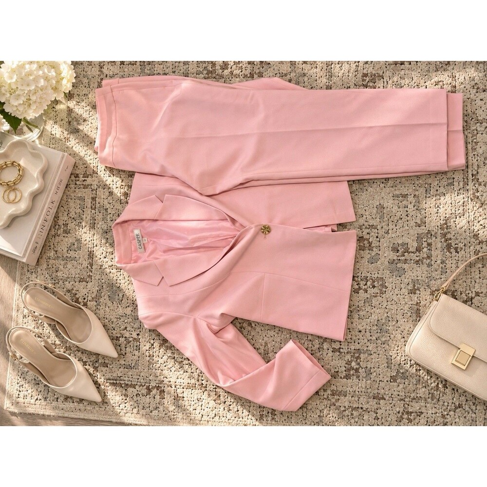 Kasper Pink Pant Suit Size 14 Blazer Straight Leg Pants Career Wedding